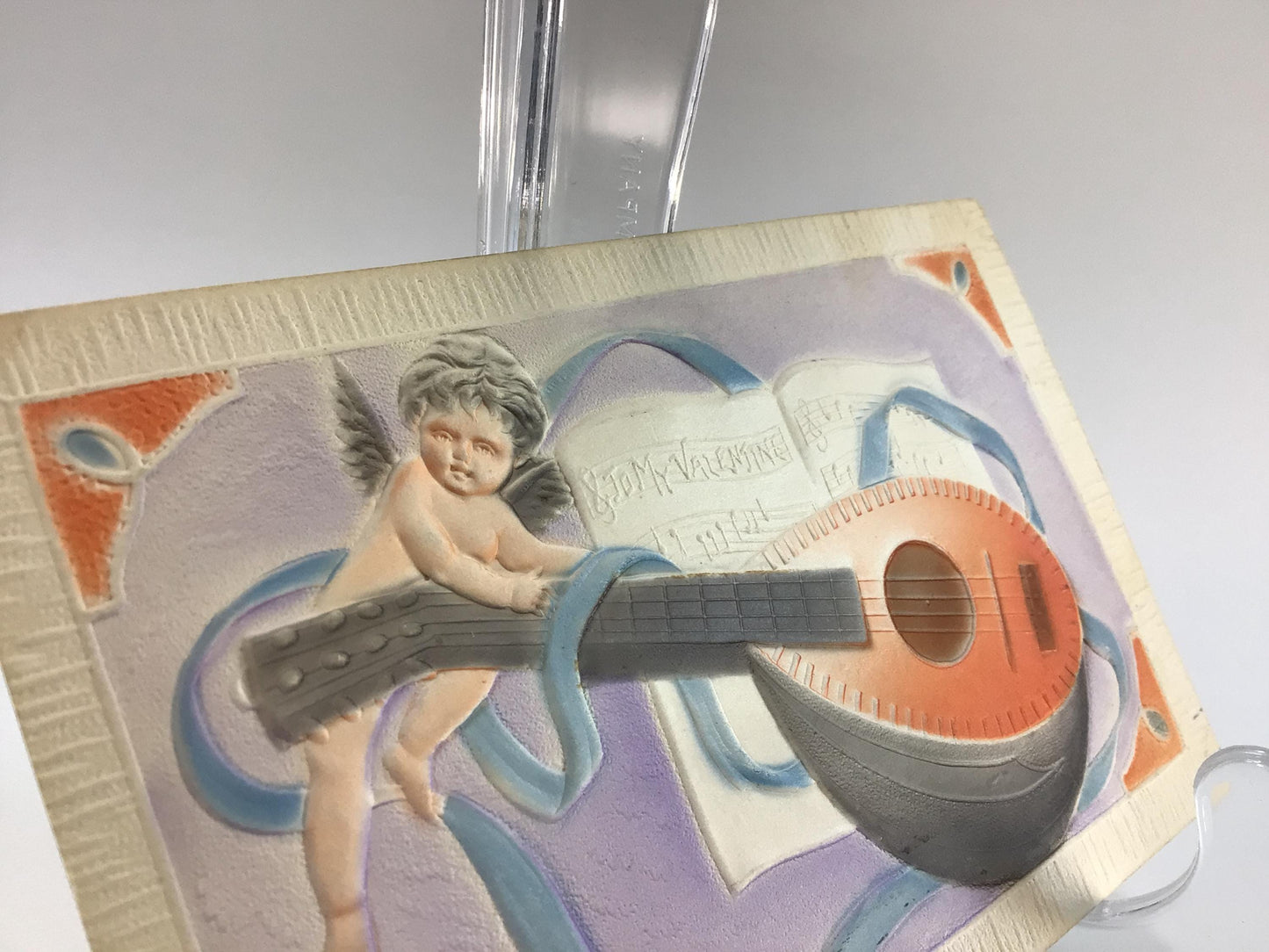 Valentines Day Postcard Airbrush Embossed Cupid and Mandolin Antique Ephemera