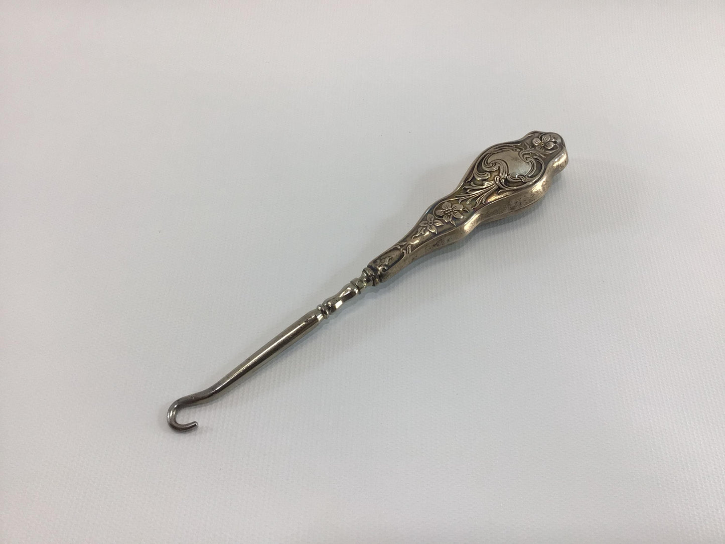 Antique 7" Button Hook Sterling Floral Motif Handle Collectible Victorian Hand Tool for Shoes Gloves Corsets