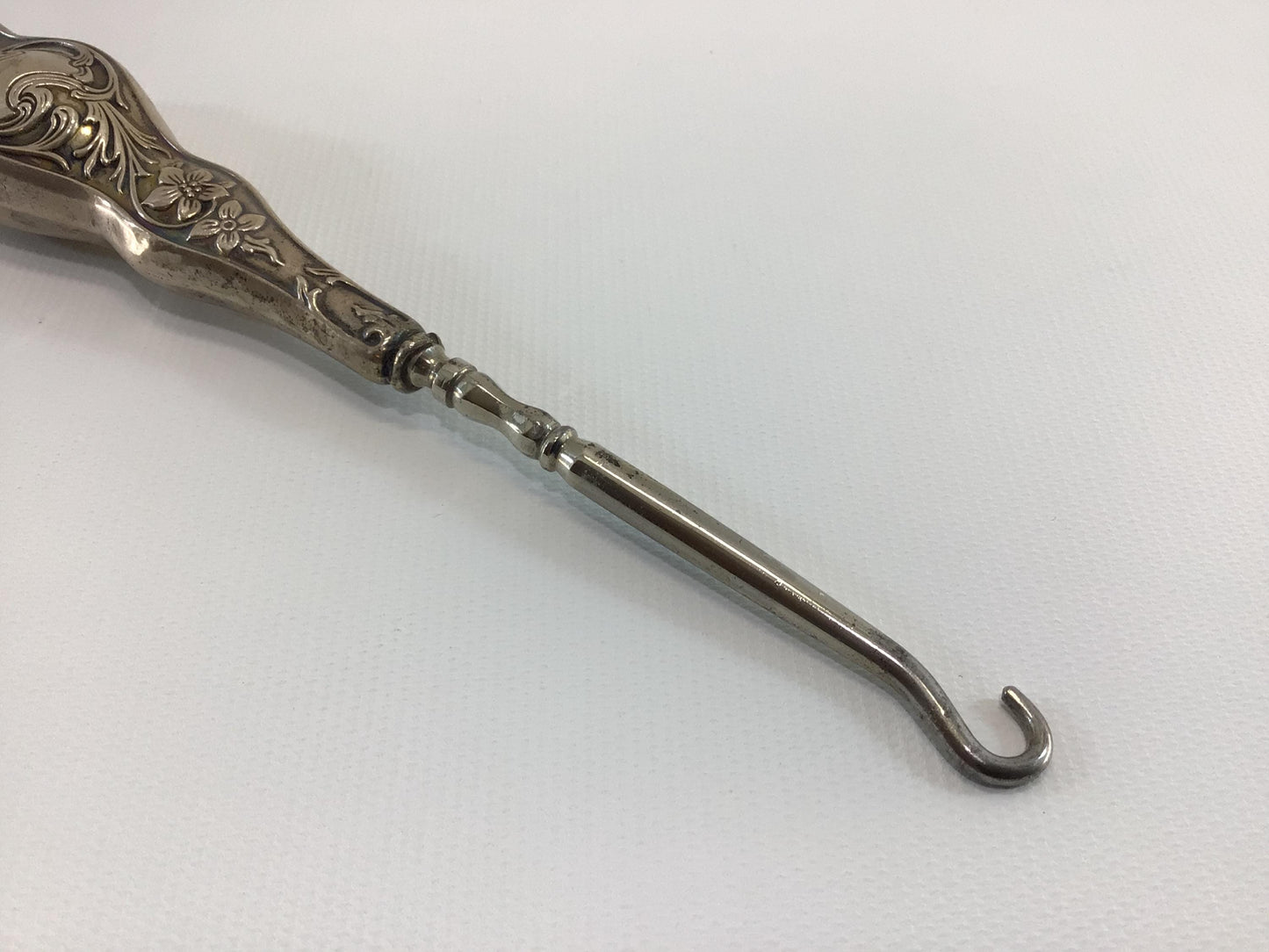 Antique 7" Button Hook Sterling Floral Motif Handle Collectible Victorian Hand Tool for Shoes Gloves Corsets