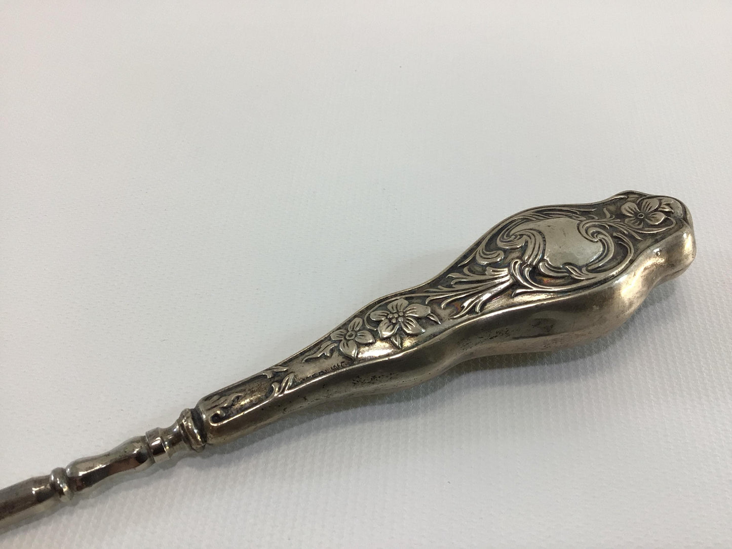 Antique 7" Button Hook Sterling Floral Motif Handle Collectible Victorian Hand Tool for Shoes Gloves Corsets