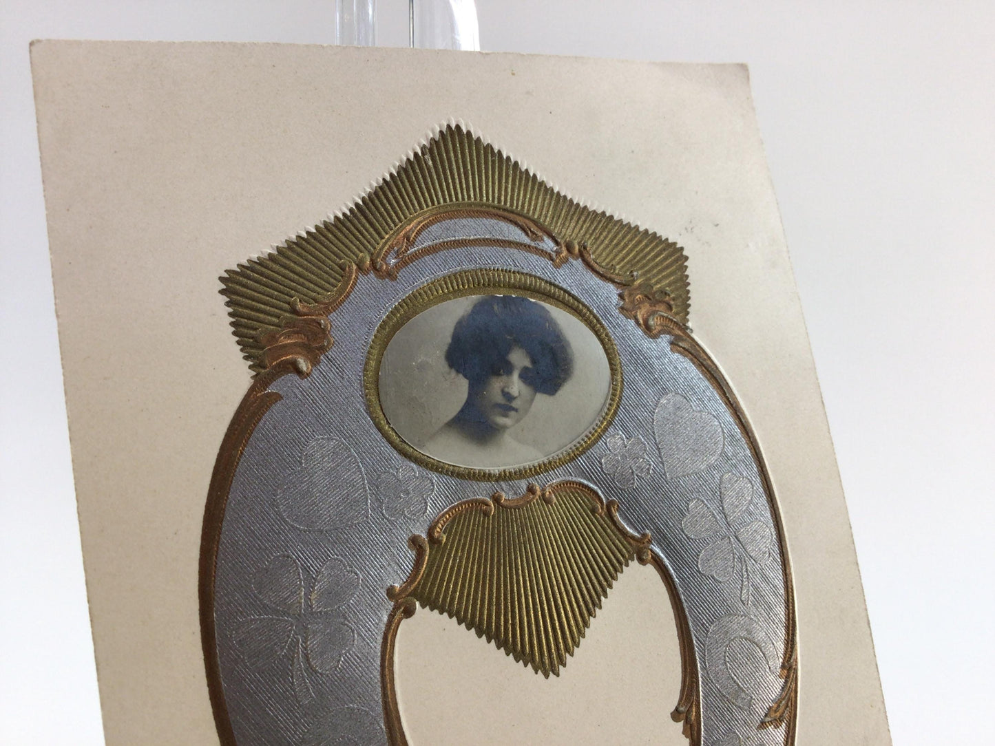 Applique Novelty Valentines Day Postcard Antique Ephemera Embossed Goodluck Horseshoe with Photograph Embellishment