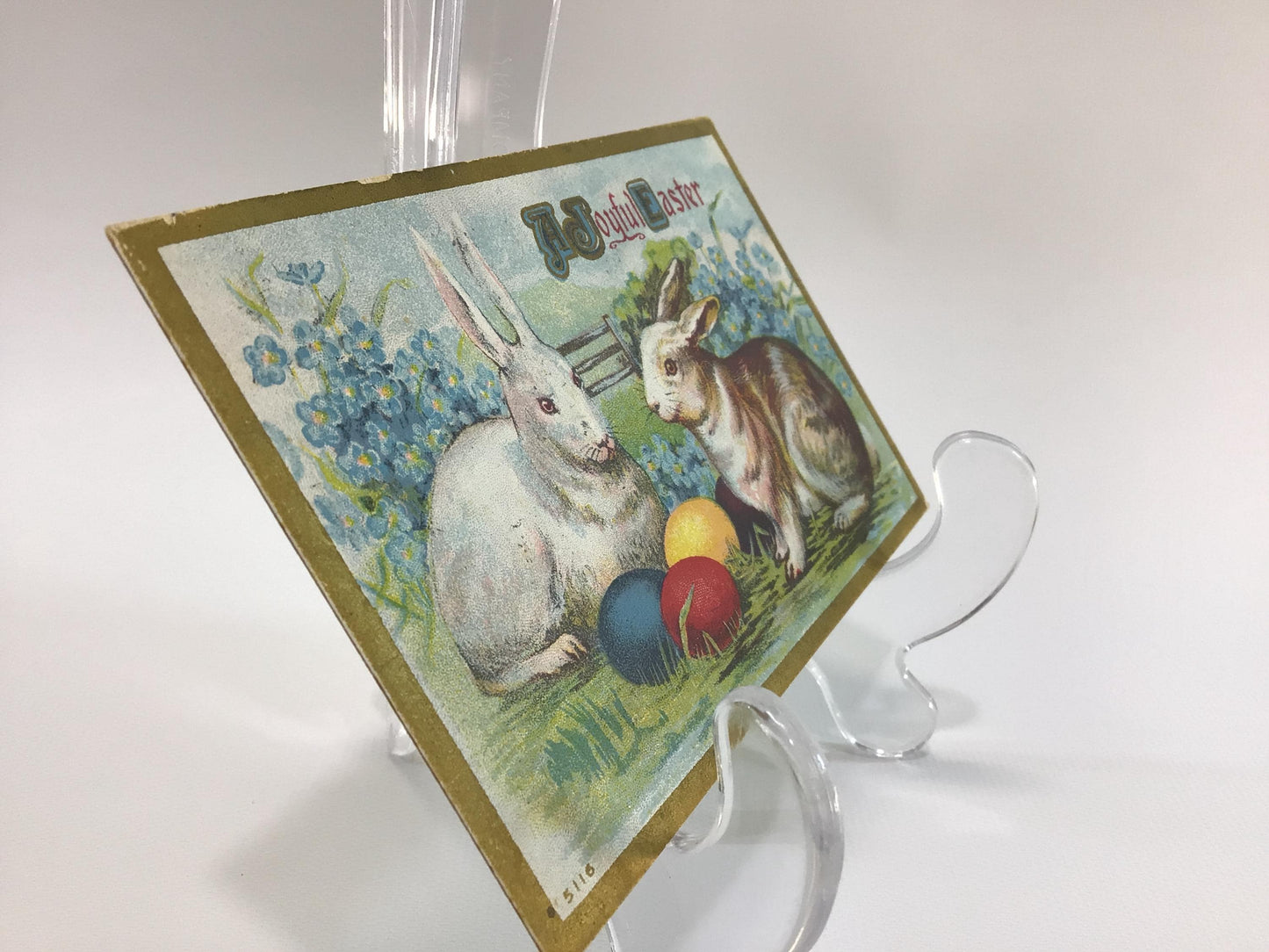 Novelty Easter Postcard Embossed Colored Eggs Rabbits and Forget Me Nots Antique Holiday Ephemera