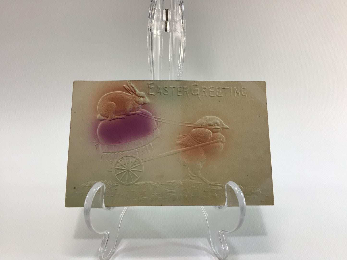Antique Easter Greetings Novelty Postcard Airbrush Embossed Chick with Cart and Bunny