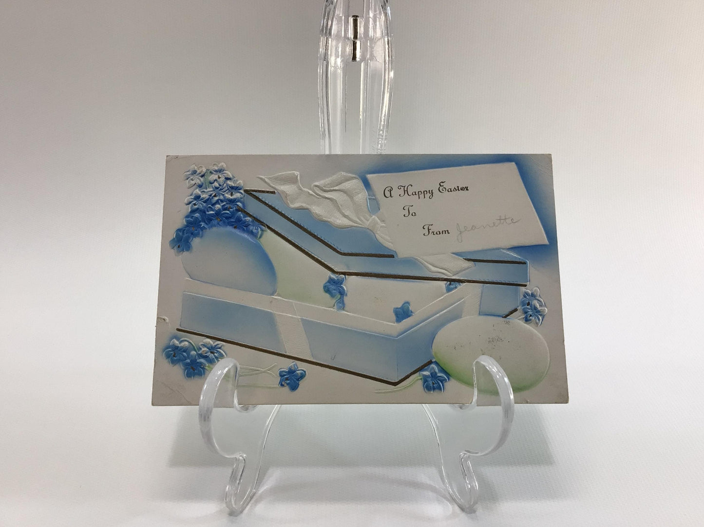 Antique Easter Greetings Novelty Postcard Blue Gift Box of Eggs Airbrush Embossed
