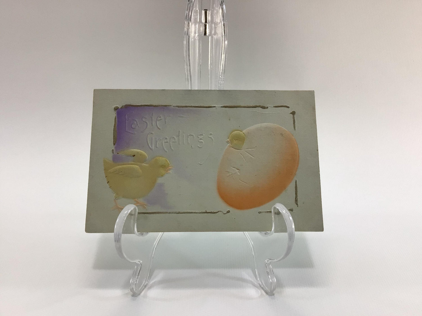 Antique Easter Greetings Novelty Postcard Airbrush Embossed Chick Hatching from Egg