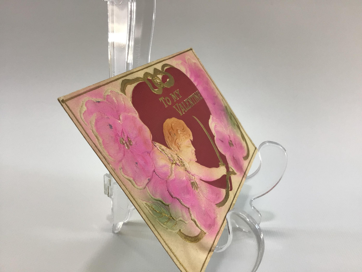 Valentines Day Postcard Airbrush Embossed Red Heart with Cupid and Flowers Antique Ephemera