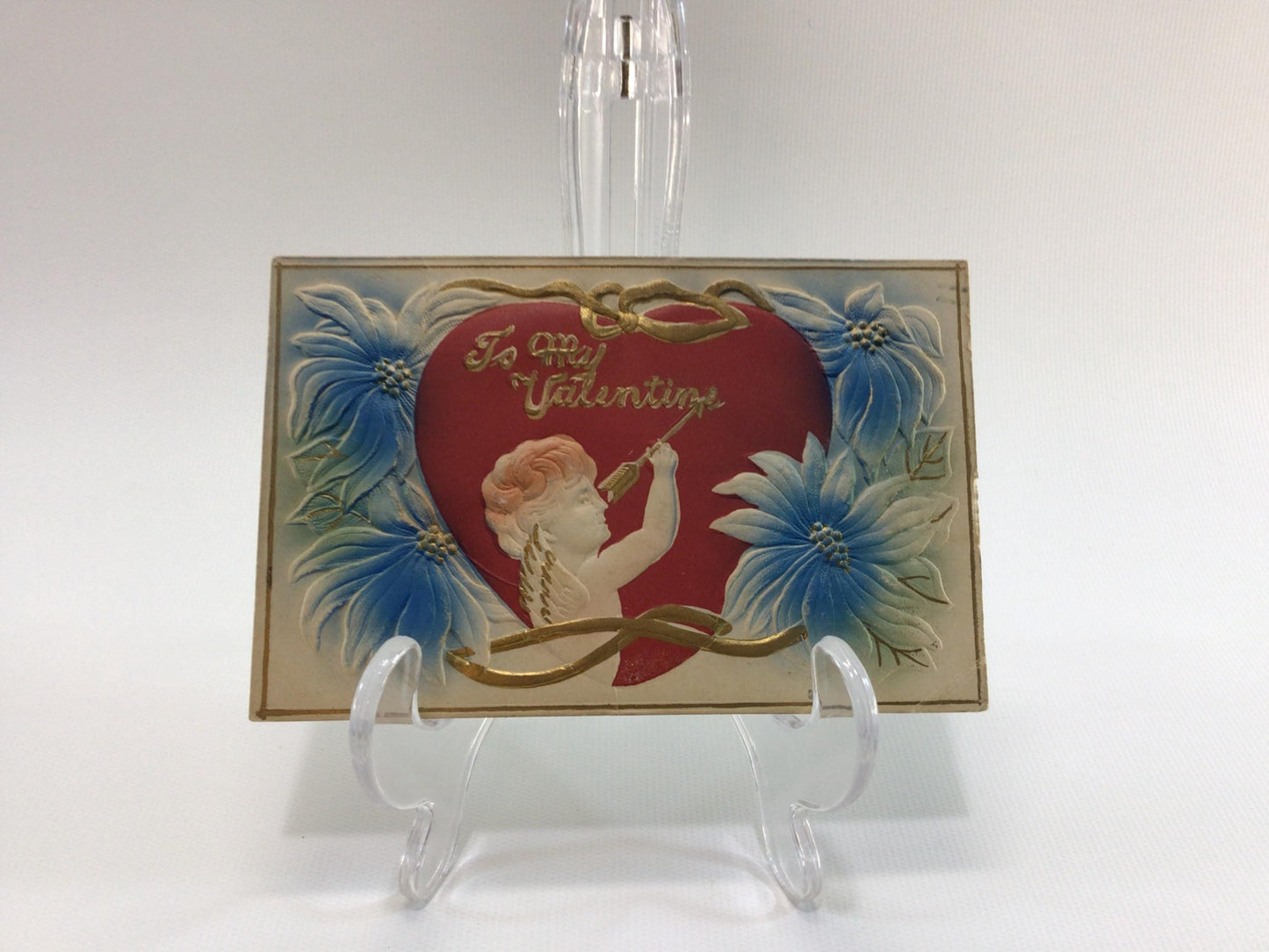 Valentines Day Postcard Airbrush Embossed Red Heart with Cupid Antique Ephemera