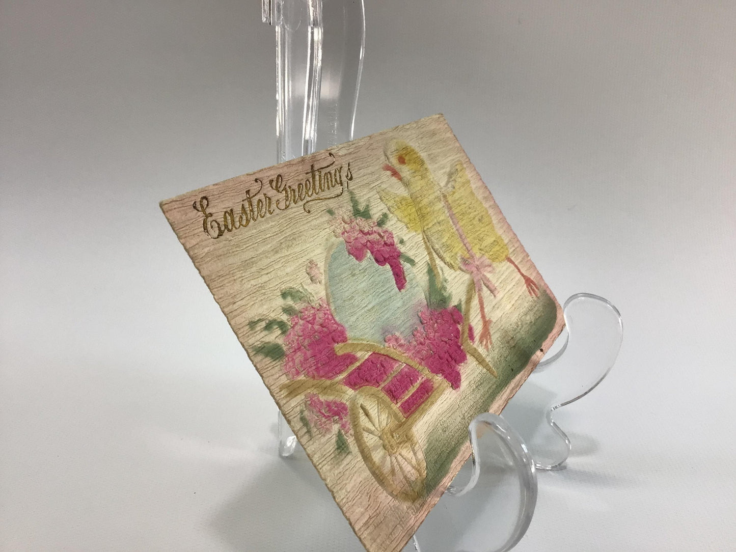 Antique Easter Greetings Novelty Postcard Textured Embossed Chick with Cart