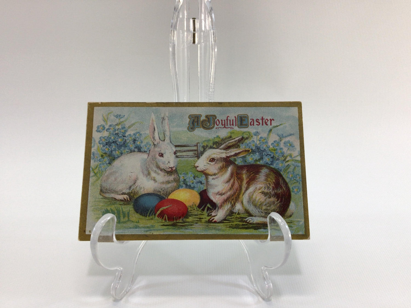 Novelty Easter Postcard Embossed Colored Eggs Rabbits and Forget Me Nots Antique Holiday Ephemera