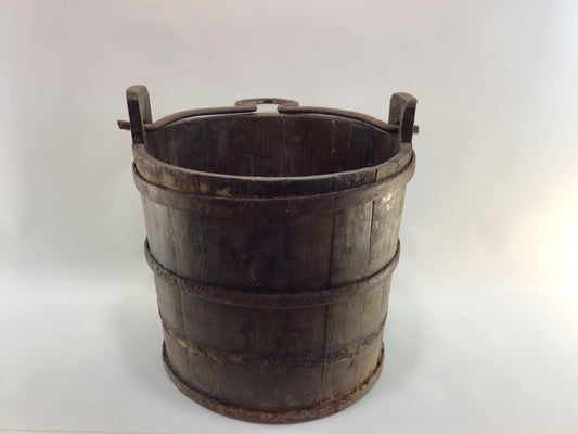 Antique Water Well Bucket with Bail Primitive Rustic Early American Handmade Wrought Iron and Hardwood Container