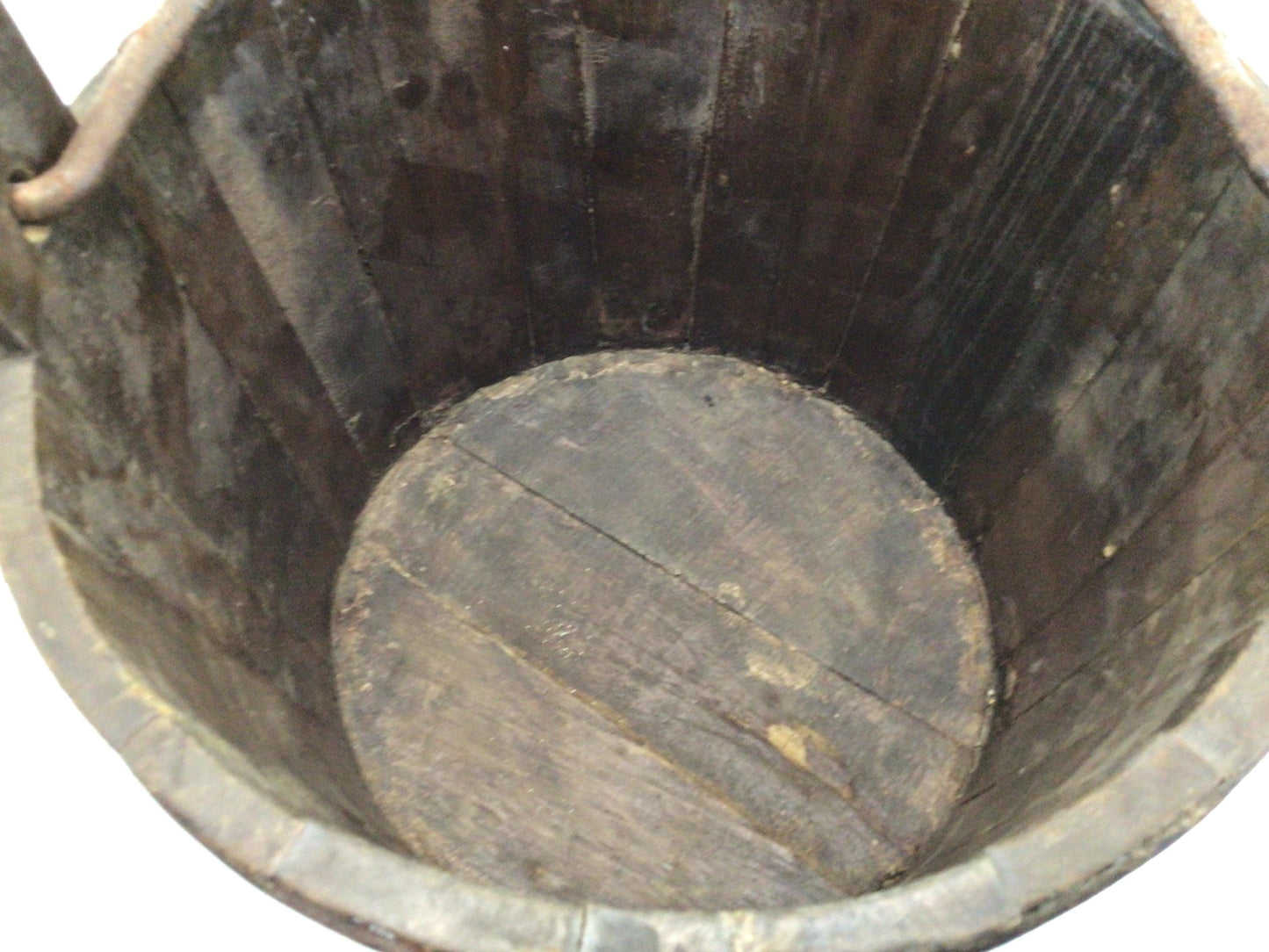 Antique Water Well Bucket with Bail Primitive Rustic Early American Handmade Wrought Iron and Hardwood Container