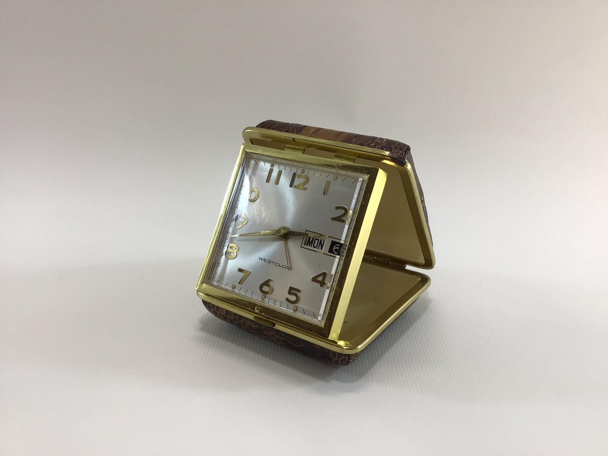 Westclox Travel Alarm Calendar Clock Japan Movement in Faux Alligator Skin Case Vintage Mechanical Wind