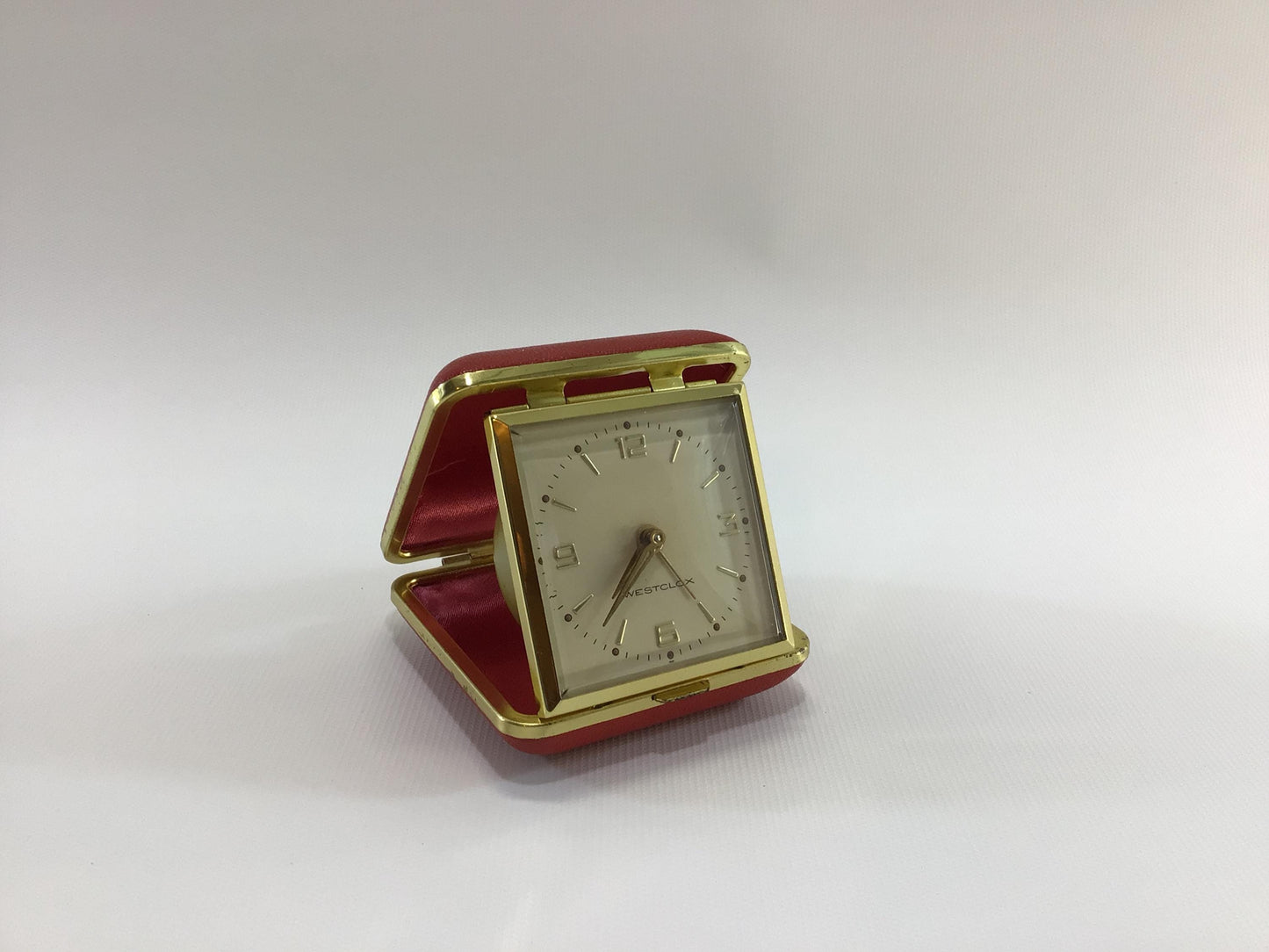 Westclox Travel Alarm Clock Japan Movement in Red Faux Leather Case Vintage Mechanical Wind