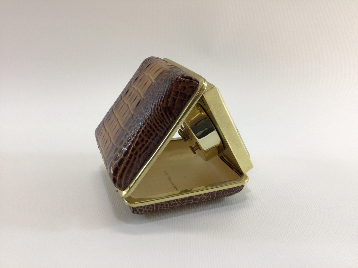 Westclox Travel Alarm Calendar Clock Japan Movement in Faux Alligator Skin Case Vintage Mechanical Wind