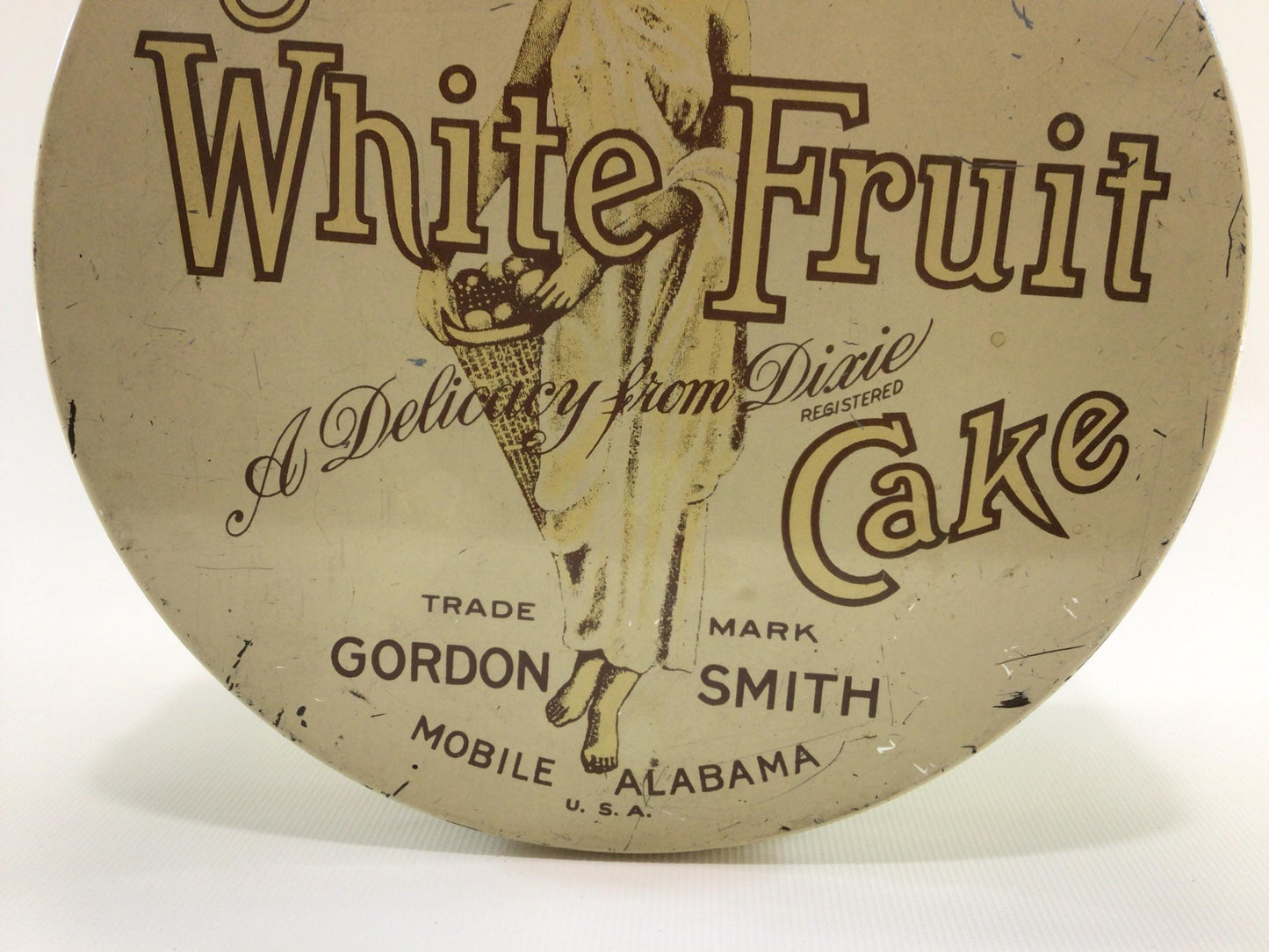 Smith's White Fruit Cake Tin Vintage Holiday Ephemera Gordon Smith Bakery Mobile Alabama