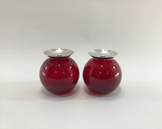 MCM Red Blown Glass and Silver Ball 7/16" Taper Candle Holder Set Mid Century Home Decor Accent Lighting