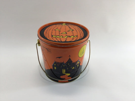 Jack O Lantern Tin Lithograph 6" Trick or Treat Pail Vintage 1980s Halloween Holiday Ephemera Made in Taiwan