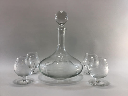 Brandy Decanter Set Clipper Ship Nautical Theme Vintage Etched Toscany 4 fl oz Snifters