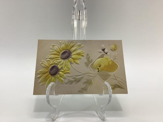 Antique Easter Applied Novelty Postcard Embossed Yellow Flowers and Chick