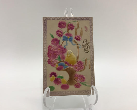 Antique Easter Novelty Postcard Airbrush Embossed Chick on Egg Basket