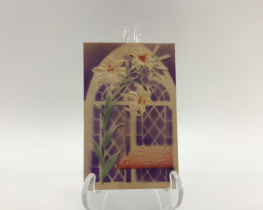 Easter Novelty Postcard Airbrush Embossed Purple with Lilies Antique Holiday Ephemera