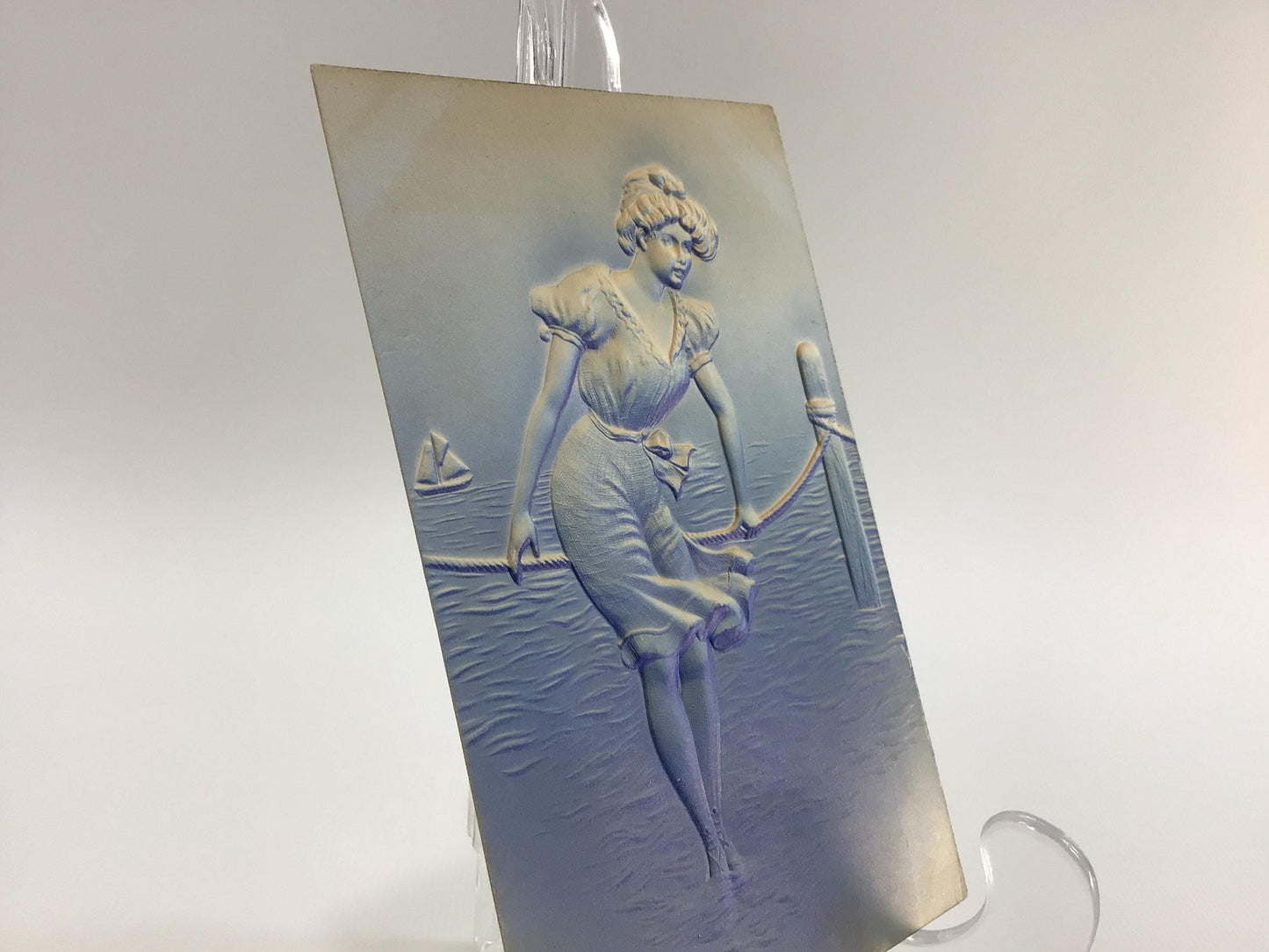 Novelty Greetings Postcard Blue Airbrush Embossed Antique Ephemera Edwardian Woman at the Beach