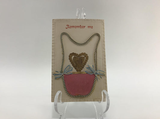Applique Novelty Remember Me Postcard Antique Ephemera Embossed border with Applied Cord Ribbon Metal and Fabric Embellishments