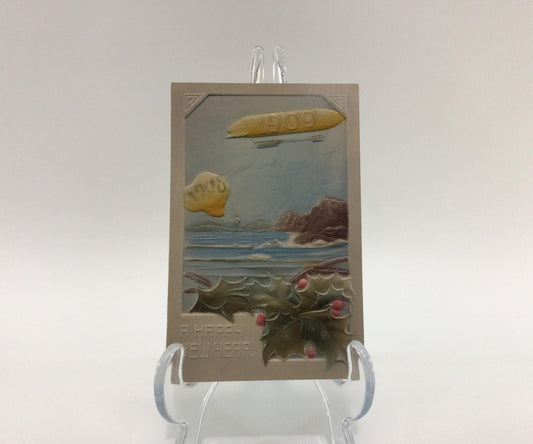 Novelty 1909 New Year Postcard Antique Ephemera Embossed Hot Air Balloon and Dirigible