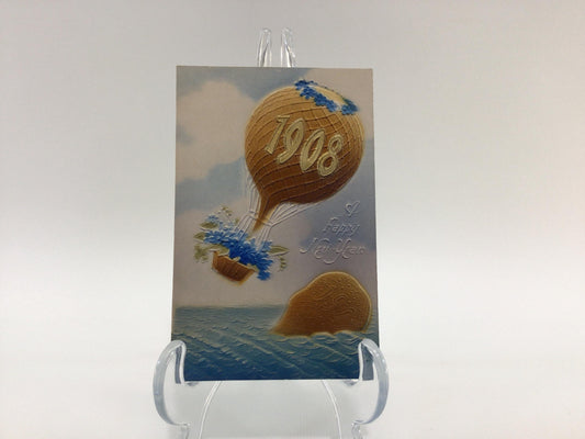 Novelty 1908 New Year Postcard Antique Ephemera Airbrush Embossed Hot Air Balloon