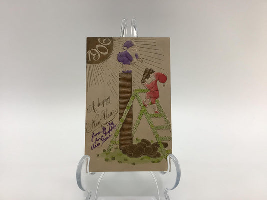 Novelty 1906 New Year Postcard Antique Ephemera Airbrush Embossed Leprechauns Stacking Gold