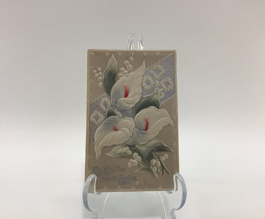 Antique Easter Applied Novelty Postcard Embossed Flocked with Calla Lily Flowers