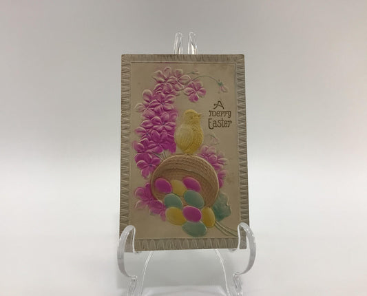 Antique Easter Applied Novelty Postcard Airbrush Embossed Egg Basket and Pink Flowers