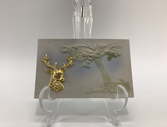 Applique Novelty Greetings Postcard Antique Ephemera with Applied Metal Deer Buck Embellishment