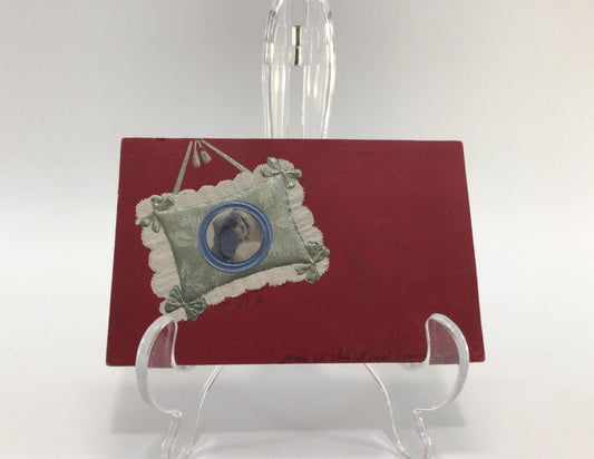 Applique Novelty Greetings Postcard Antique Ephemera Applied Photograph and Fabric Embellishments on Red Cardstock