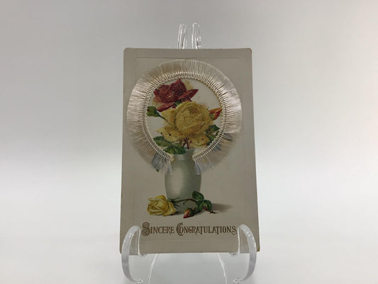 Applique Novelty Congratulations Postcard Embossed Rose Vase with Applied White Fringe Antique Ephemera