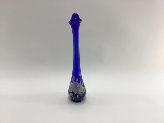 Cobalt Blue Swung Art Glass11" Hand Painted Bud Vase Vintage Home Decor