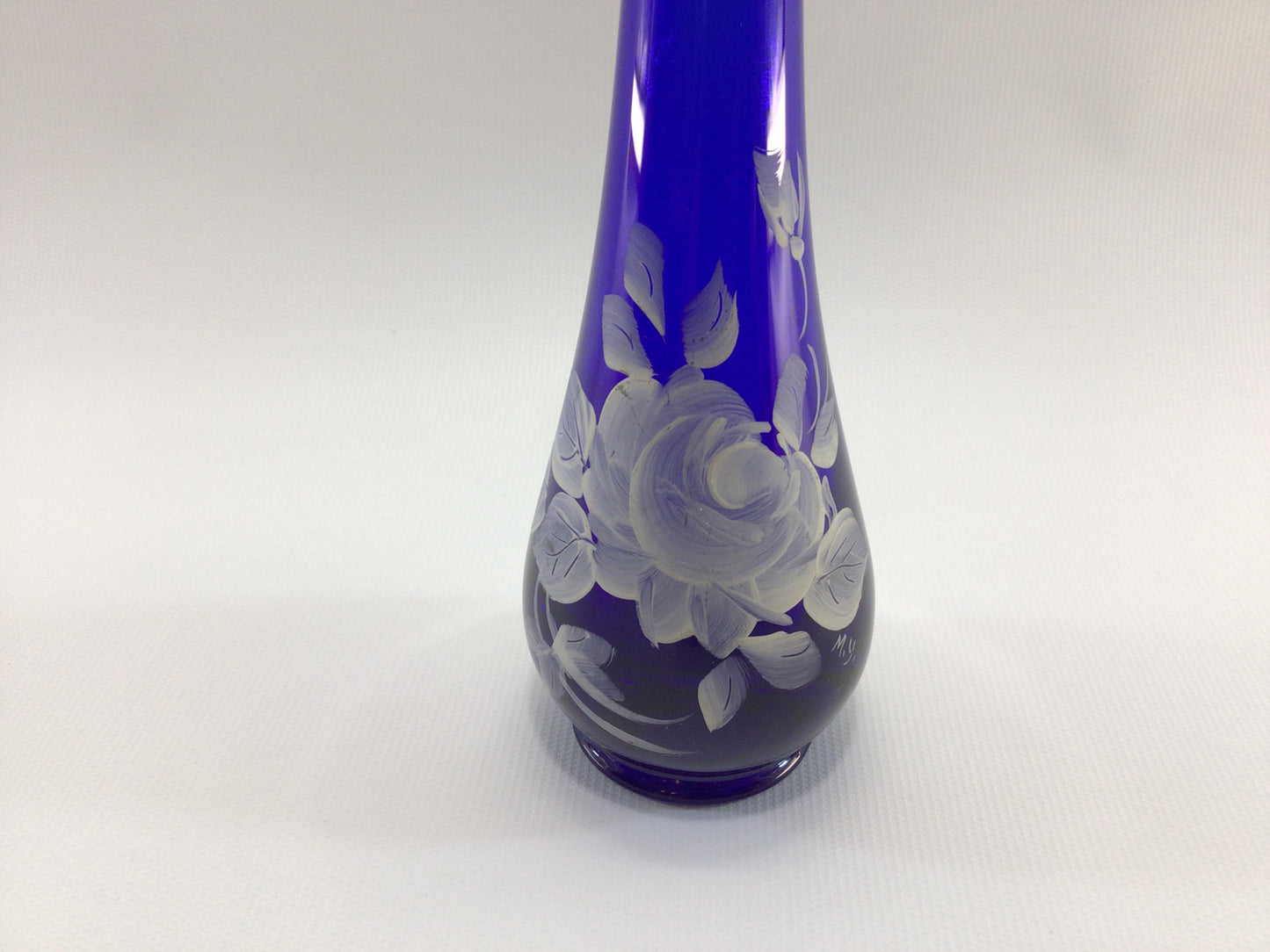 Cobalt Blue Swung Art Glass11" Hand Painted Bud Vase Vintage Home Decor