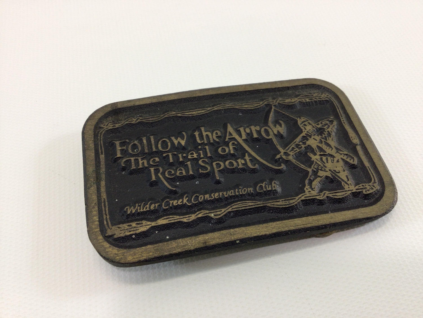 Archery Theme Belt Buckle Vintage Made in USA Solid Brass Dyna Buckle Provo Follow the Arrow Wilder Creek Marshall Michigan