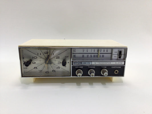 Elgin AM FM 12 Transistor Alarm Clock Radio Model R-1900 Mid Century Analog Electronics Gadget