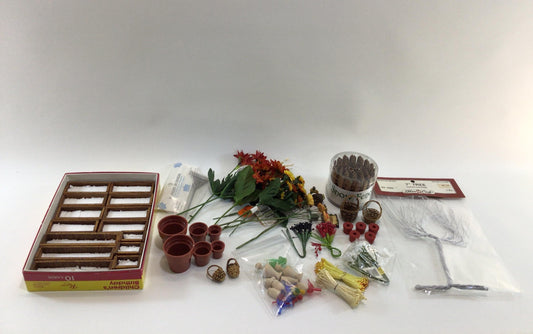 Fairy Garden Miniature Dollhouse Greenhouse Patio Lot Vintage Art Project Diorama Parts Pieces Raised Beds Flowers Pots Baskets Fence Tree