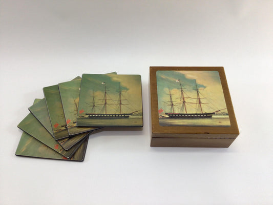 Boxed Drink Coaster Set of 6 Coasters Nautical Ship Themed Vintage Entertainment Bar Decor