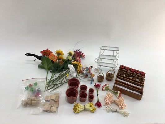 Fairy Garden Miniature Dollhouse Greenhouse Patio Lot Vintage Art Project Diorama Parts Pieces Raised Beds  Flowers Pots Baskets Cart