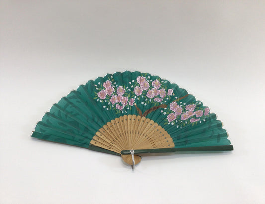 Green Linen Folding Fan Cheery Blossom Motif Quality Made Vintage Fashion Accessory
