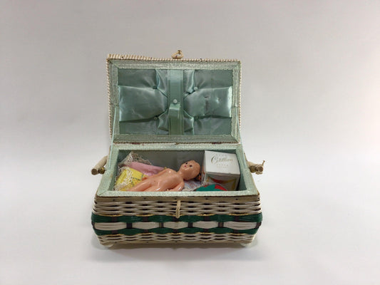 Sewing Basket with Notions and Lady Celluloid Doll Project Supplies Vintage Made in Japan Storage Container