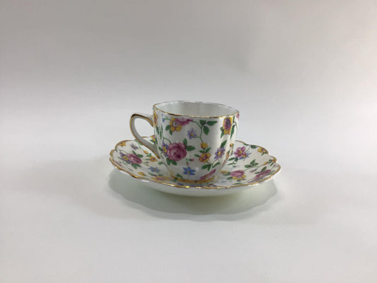 Old Royal Bone China Demitasse Cup and Saucer Vintage Collectible Dining Decor Applied Flowers and Gold Gilt