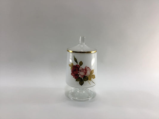 Applied Pink Roses Glass Footed Candy Dish Compote Vintage Home Decor