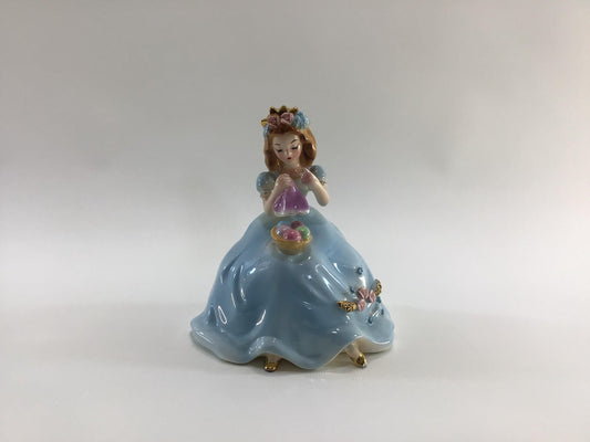 Crocheting Lady in Blue Dress 6" Ceramic Figurine Vintage 1960's era Josef Originals Kitschy Cute Home Decor