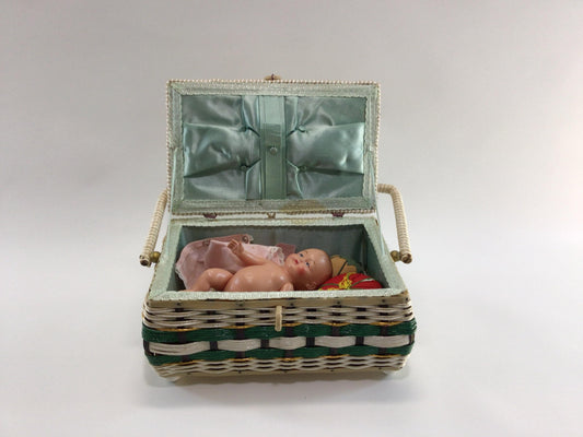 Sewing Basket with Notions and Celluloid Doll Project Supplies Vintage Made in Japan Storage Container