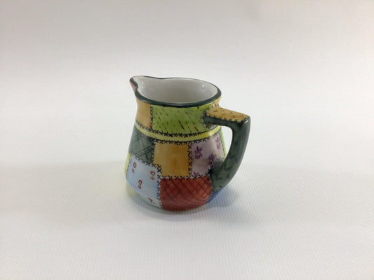 Patchwork Quilt Pottery Miniature Decorative Pitcher Vintage Ceramic Farmhouse Country Kitchen Decor Signed S Wilson