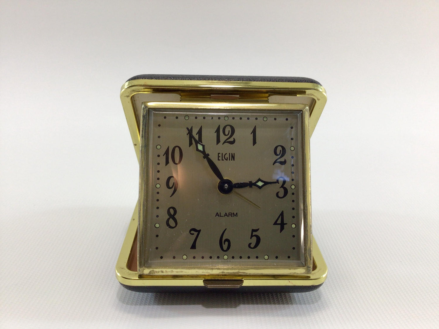 Elgin Vintage Travel Alarm Clock Korea Movement Black Faux Leather Case Glow in Dark Hands